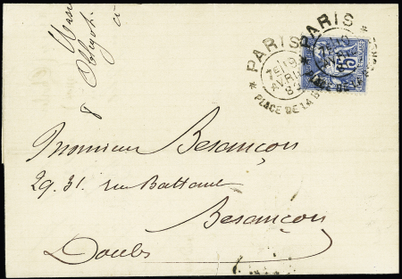N°90 OBL grand CAD d'essai sans cercle extérieur "Paris place de la Bourse" (19 avril 1880 - De Beaufond n°665) sur lettre. TB