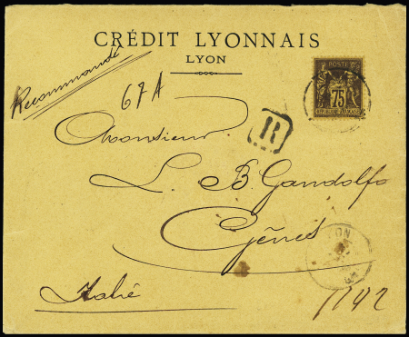 N°99, 75c violet sur orange OBL Lyon (1896) seul sur lettre recommandée pour Gênes (Italie). TB