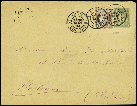 N°54 OBL "Lyon La Guillotière" (1894) sur env entier postal 5c Sage, AFF Cérès-Sage tardif. TB