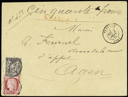 N°77 (def) + 57 OBL T17 "Puteaux (60)" (1877) sur lettre chargée (VD 50F). AFF composé Cérès-Sage. TB
