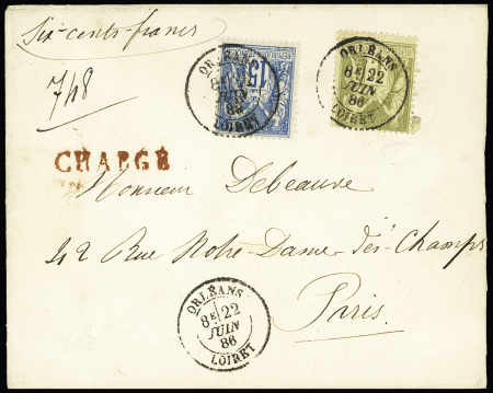 N°82 + 90 OBL T18 "Orléans Loiret" (1886) sur lettre chargée (VD 600F). TB