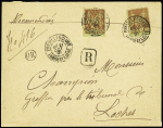 N°96, 20c brique sur vert OBL CAD "Preuilly-s-Claise Indre et Loire" (1901) sur lettre recommandée. TB