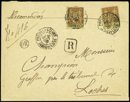 N°96, 20c brique sur vert OBL CAD "Preuilly-s-Claise Indre et Loire" (1901) sur lettre recommandée. TB