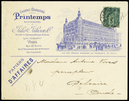 N°75 OBL Paris (1896) sur env illustrée "Grands magasins du Printemps" avec mention imprimée "Papiers d'affaires". TB