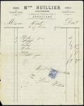 Facture à en-tête "Mlle Huillier couturière Angoulême" avec n°79 avec annulation fiscale (1877). TB