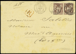 N°67, 20c brun-lilas en paire OBL CAD "Chargements Bordeaux" (1884) sur lettre recommandée. TB