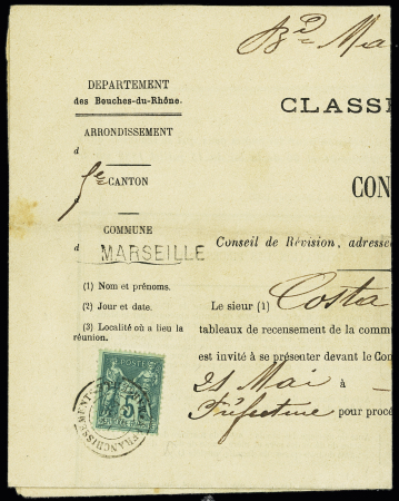 N°75 OBL CAD "Affranchissements Marseille" (1892) sur convocation du conseil de révision (service militaire). TB