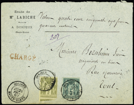 N°75 + 82 OBL CAD T18 "Donjeux Haute-Marne" (1887) sur lettre chargée (VD 457F40c). TB