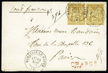 N°92 OBL T17 "Marcilly-le-Hayer (9)" (1879) sur une petite lettre chargée (VD 100F). TB