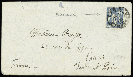 N°90 OBL CAD "Paris Etranger" (1899) apposé par erreur sur lettre pour Tours. TB