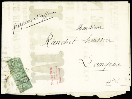 N°75, 3 pièces (1 ex def) OBL Brioude "Haute Loire" (1896) sur affiche de mise en vente d'"Une belle maison d'habitation contenant un établissements de bains sise à Langeac" (papiers d'affaires). Spectaculaire. TB