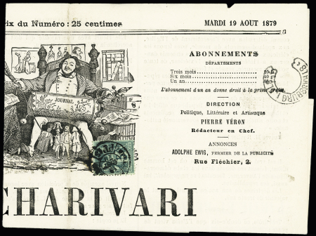 Journal "Le Charivari" avec CAD de préoblitération "Strassburg i Els" et n°75 OBL CAD imprimés Paris PP15" (1879). Rare et TB
