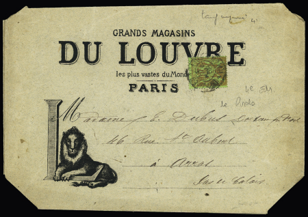 N°96, 20c brique sur vert OBL CAD "Imprimés Paris PP49" (1898) sur enveloppe illustrée (Lion) des Grands Magasins du Louvre. TB