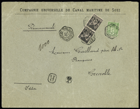 N°97 en paire + 102 OBL hex à cercle intérieur "Paris 22A R. de la Chaussée d'Antin" (1900) sur une grande lettre recommandée à en-tête de la Compagnie universelle du canal maritime de Suez. TB