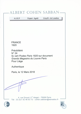 N°24 5c vert POSTES PARIS 1920 sur document Grands