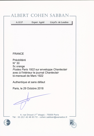 N°30 5c orange POSTES PARIS 1922 sur enveloppe Chanteclair