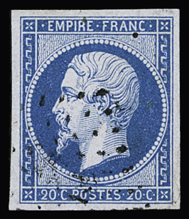 N°14Ae 20c bleu sur lilas Type I, bien margé, obl.