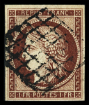 N°6B 1f carmin-brun, bienmargé, obl. grille, TTB.