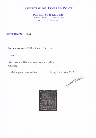N°2 10c noir sur lilas, surcharge vermillon, obl.,