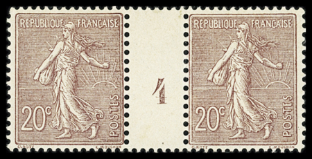 N°131 20c brun-lilas en paire avec millésime 4, **