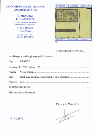 N°122 2f violet et orange, neuf **, très frais, coin