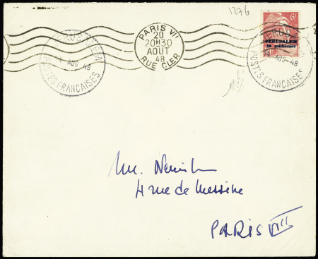 N°3 20m sur 6f rose carminé obl. 14.08.1948 sur lettre