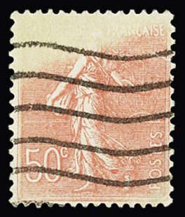 N°199 50c rouge, variété manque d'impression sur
