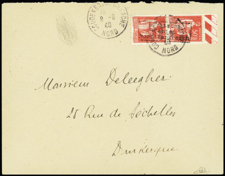N°6 50c rose-rouge, paire avec surcharge de COUDEKERQUE,