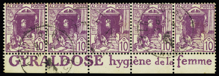 N°38a 10c lilas en bande de 5 avec publicité complète