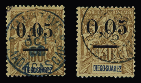 N°59 et 61 0,05 sur 30c, petits et gros zéros, obl.