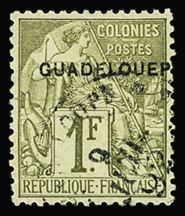 N°26d 1f olive, variété GUADELOUEP, obl. càd propre,