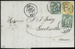 Allemagne : n°55+65+75, affranchissement composé Cérès-sage OBL CAD T.17 Lure (69) (1877) sur lettre pour Guebwiller. TB
