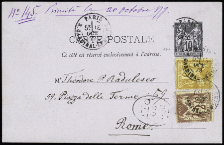 Italie : N°85 + 86 OBL CAD "Paris R.Cardinal-Lemoine" (1879) sur entier carte postale 10c sage pour Rome avec CAD d'arrivée ovale. TB