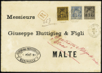 Malte : N°89 + 90 + 100 OBL CAD "Marseille Cours du Chapitre" (1891) sur lettre du 3ème échelon de poids pour Malte. TB