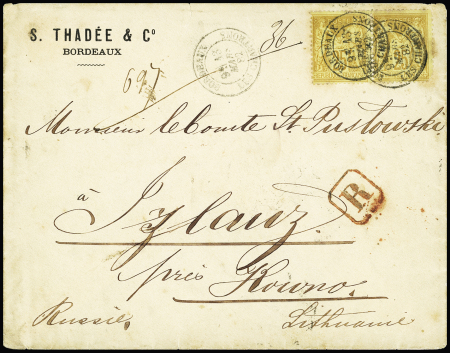 Russie (Lithuanie) : N°92 en paire OBL CAD "Bordeaux les Chartrons" (1882) sur lettre recommandée du 1er échelon pour Jylanz avec arrivée. TB