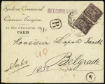 Serbie : N°97 en paire OBL CAD "Paris 4 R. d'Enghien" (1895) sur lettre recommandée à en-tête "Syndicat commercial des Créanciers européens - Paris" du 1er échelon de poids pour Belgrade. TB