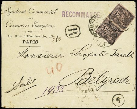 Serbie : N°97 en paire OBL CAD "Paris 4 R. d'Enghien" (1895) sur lettre recommandée à en-tête "Syndicat commercial des Créanciers européens - Paris" du 1er échelon de poids pour Belgrade. TB