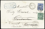 Suisse : n°90 OBL CAD type 16 "Fougerolles Hte Saone (69)" (1879) sur lettre au tarif intérieur français du 1er échelon pour Pontarlier réexpédiée à Couvet (Suisse) au tarif frontalier du 1.4.1879 à 20c avec raj