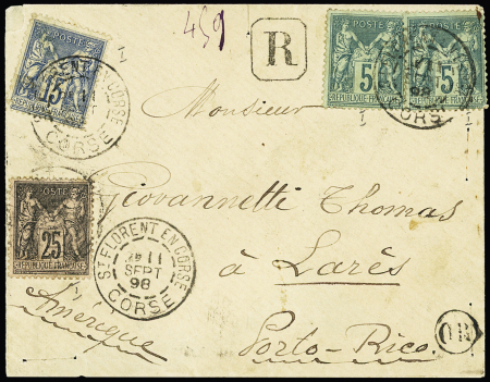 Porto-Rico : n°75 en paire + 90 + 97 OBL CAD "St Florent en Corse Corse" (1898) sur lettre du 1er échelon de poids de recommandée pour Larès (tarif unique U.P.U du 1.10.1881 avec abandon de toutes les surtaxes mariti