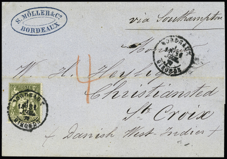 Sainte-Croix : (Antilles danoises) : n°72 OBL CAD "Bordeaux Gironde" (1877) seul sur lettre pour l'Ile de Sainte-Croix (Antilles danoises) avec taxe locale 4 cents au crayon rouge pour le transfert entre Saint-Thomas et