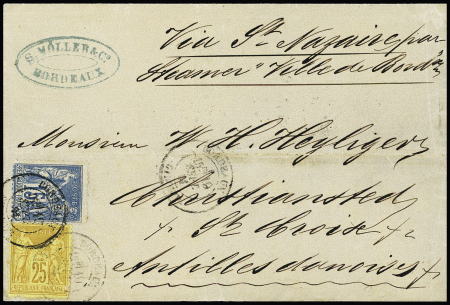 Sainte-Croix : (Antilles danoises) : n°90 + 92 OBL CAD "Bordeaux Gironde" (19.9.1881) seul sur lettre pour Christiansted avec arrivée au verso (derniers jours du tarif n°2 à 40c avant le tarif unque U.P.U du 1.10.188