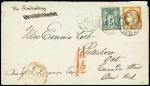 Canada : n°38 + 75 OBL CAD "Paris PL. de la Bourse" (1877) sur lettre du 1er échelon pour Peterboro (Ontario) avec taxe anglaise d'acheminement au tampon rouge. RR et TB
