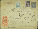 Canada : n°75 + 89 + 94 en paire OBL Paris 120 Bd St Martin sur enveloppe entier postal 15c sage recommandée du 3ème échelon de poids pour Berlin (Ontario) avec "AR" encadré. TB