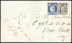 Etats-Unis : n°60 + 66 OBL CAD "Paris R.Bonaparte (1876) sur lettre pour new-York (1er échelon de poids par voie d'Angleterre). AFF composé Cérès-Sage. TB