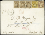 Etats-Unis : n°69, bande de 3 + 85 + 86 OBL "Redon Ille et Villaine" (1879) sur lettre recommandée du 2ème échelon de poids pour New-York, très bel affranchissement tricolore