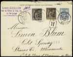Etats-Unis : n° 89 + 97 OBL Lyon Rhone (1896) sur entier postal lettre annonces avec pubs diverses dont photographie A.Lumière et cycles Gauthier pour Cold Spring. TB