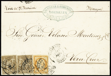 Mexique : n°38 + 69, 2 pièces, OBL Bordeaux Gironde (1877) sur lettre du 1er échelon de poids par voie de Saint-Nazaire pour Vera-Cruz. Aff. composé Cérès- Sage. TB