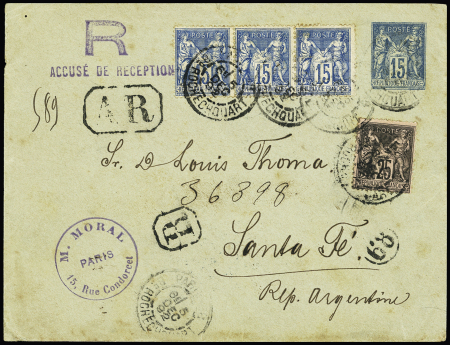 Mexique : n°97 + 101, bande de 3 OBL "Paris 68 Bd Rochechouart" (1892) sur env. entier postal 15c Sage recommandé du 2ème échelon de poids. TB