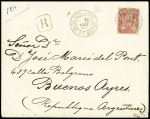 AMERIQUE DU SUD Argentine : n°81, 75c rose OBL CAD "Bourron Seine et Marne" (1889) seul sur lettre recommandée du 2ème échelon de poids (tarif du 16.1.1879). RR et TB