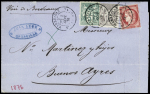 Argentine : n° 57 + 64 + 66 OBL CAD "Marseille Bches du Rhone" (1876) sur lettre du 1er échelon de poids pour Buenos Ayres, bel aff. composé Cérès-Sage. TB